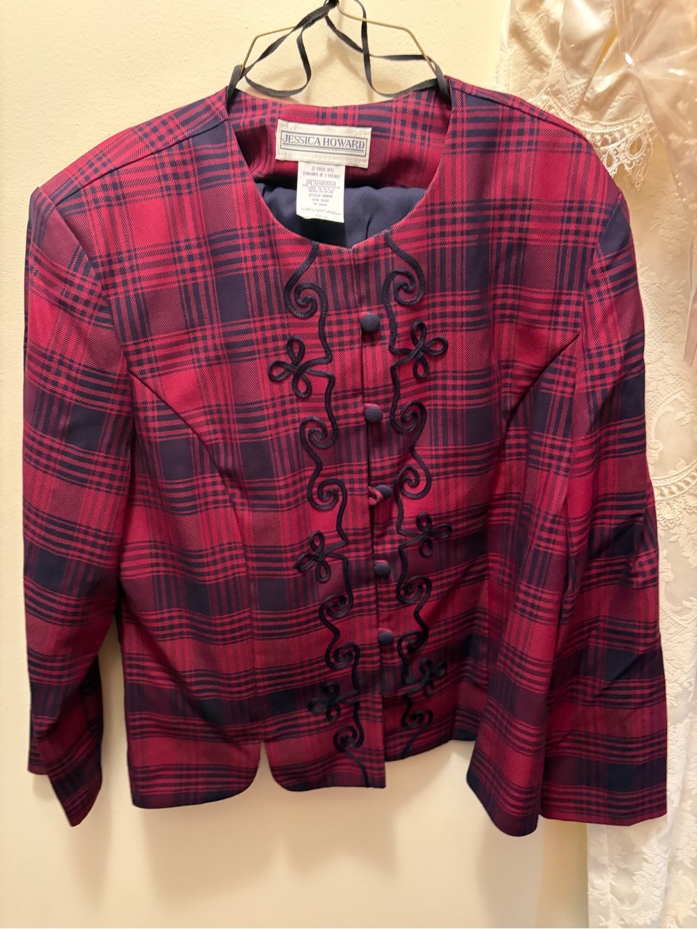 Jessica Howard Red and Navy Plaid Decorative Button Jacket